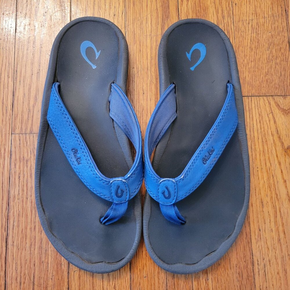 Olukai OHANA Boys 4 Flip Flop Sandals Blue Leather‎ Rubber Comfort Beach